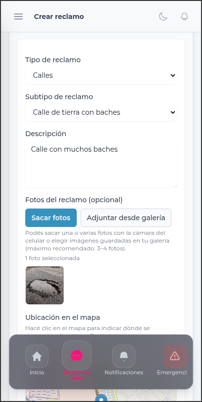 Crear reclamo — carga con fotos