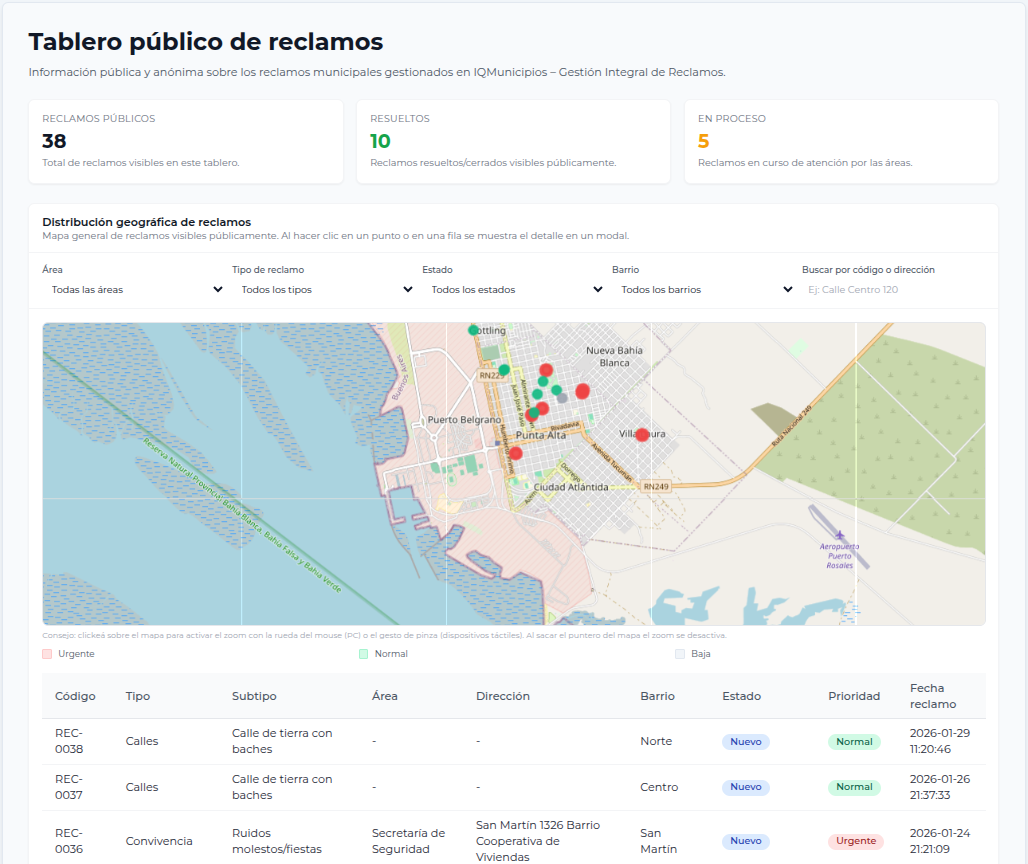 Tablero público — transparencia de reclamos